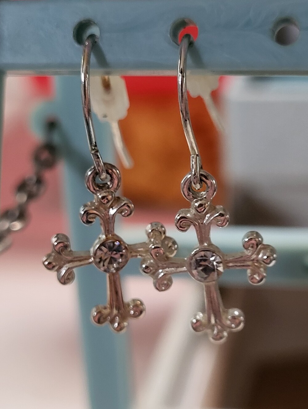 Vintage Dicksons Silver Plated Petal Fleuree Cross Drop Dangle Earrings Crystal